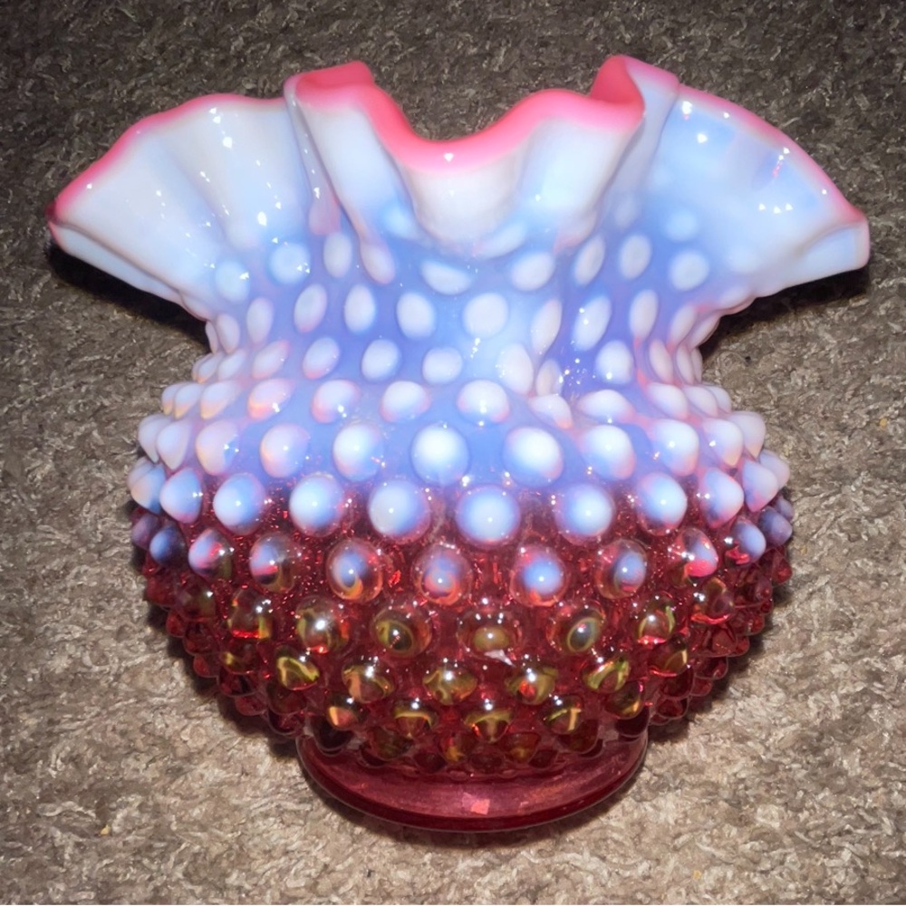 Fenton Cranberry Opalescent Hobnail Ruffled Bowl Vase